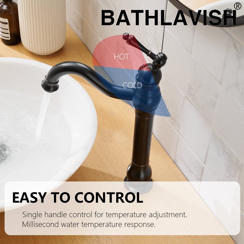 BATHLAVISH Vessel Sink Faucet Oil Rubbed Bronze Single Handle 1 Hole Bathroom Faucet 360Â° Swivel Deck Mount Lavatory Commercial Matching Pop Up Drain Without Overflow - Image 2